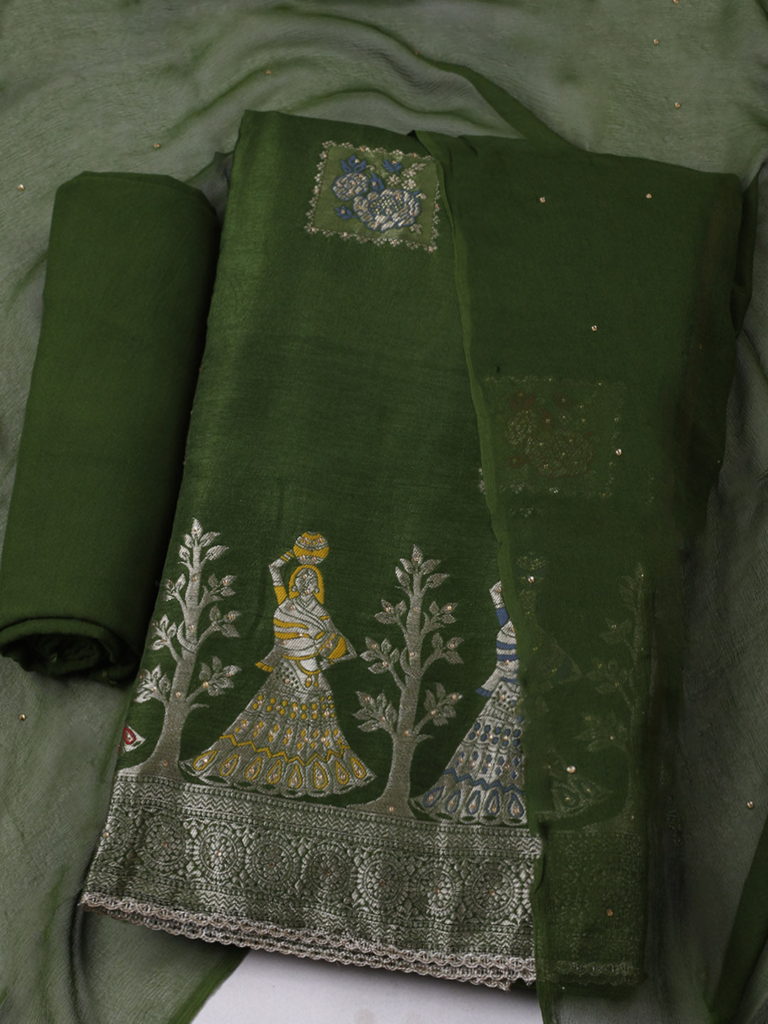 Woven Design Chanderi Unstitched Suit With Pant &amp; Dupatta