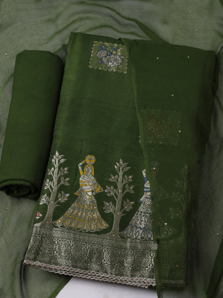 Woven Design Chanderi Unstitched Suit With Pant &amp; Dupatta