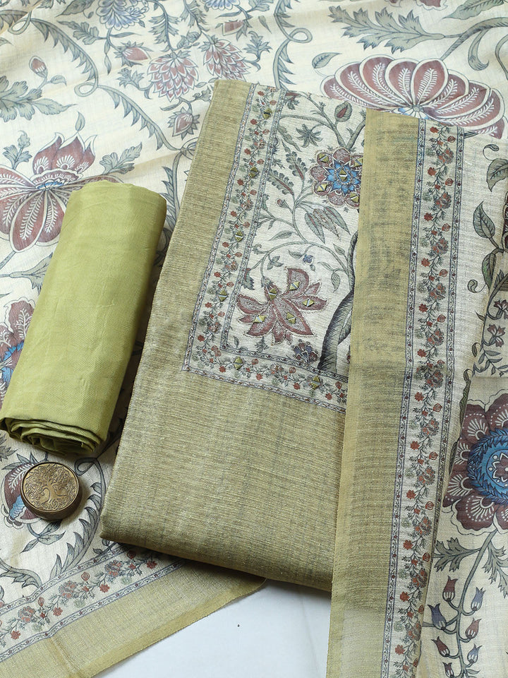 Embroidered Chanderi Unstitched Suit With Pant &amp; Dupatta