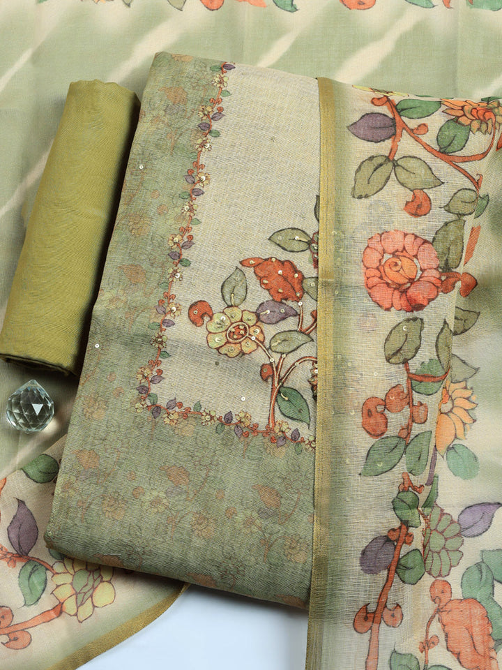 Printed Linen Blend Unstitched Suit With Pant &amp; Dupatta