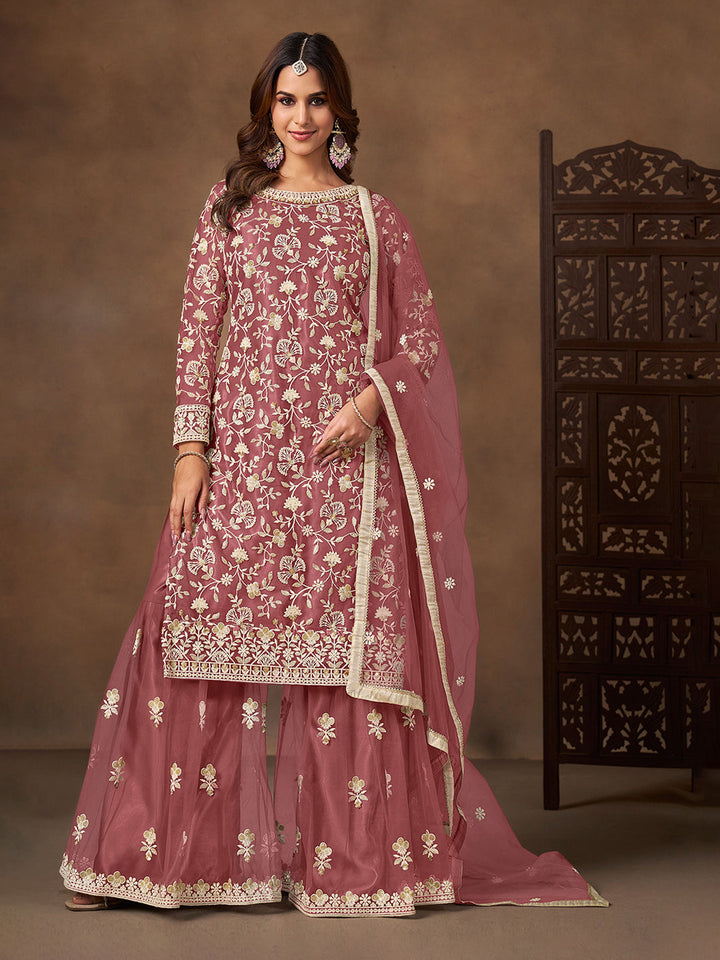 Embroidered Net Semi Stitched Kurta With Plazzo &amp; Dupatta