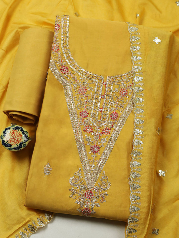 Embroidered Chanderi Unstitched Suit With Pant &amp; Dupatta