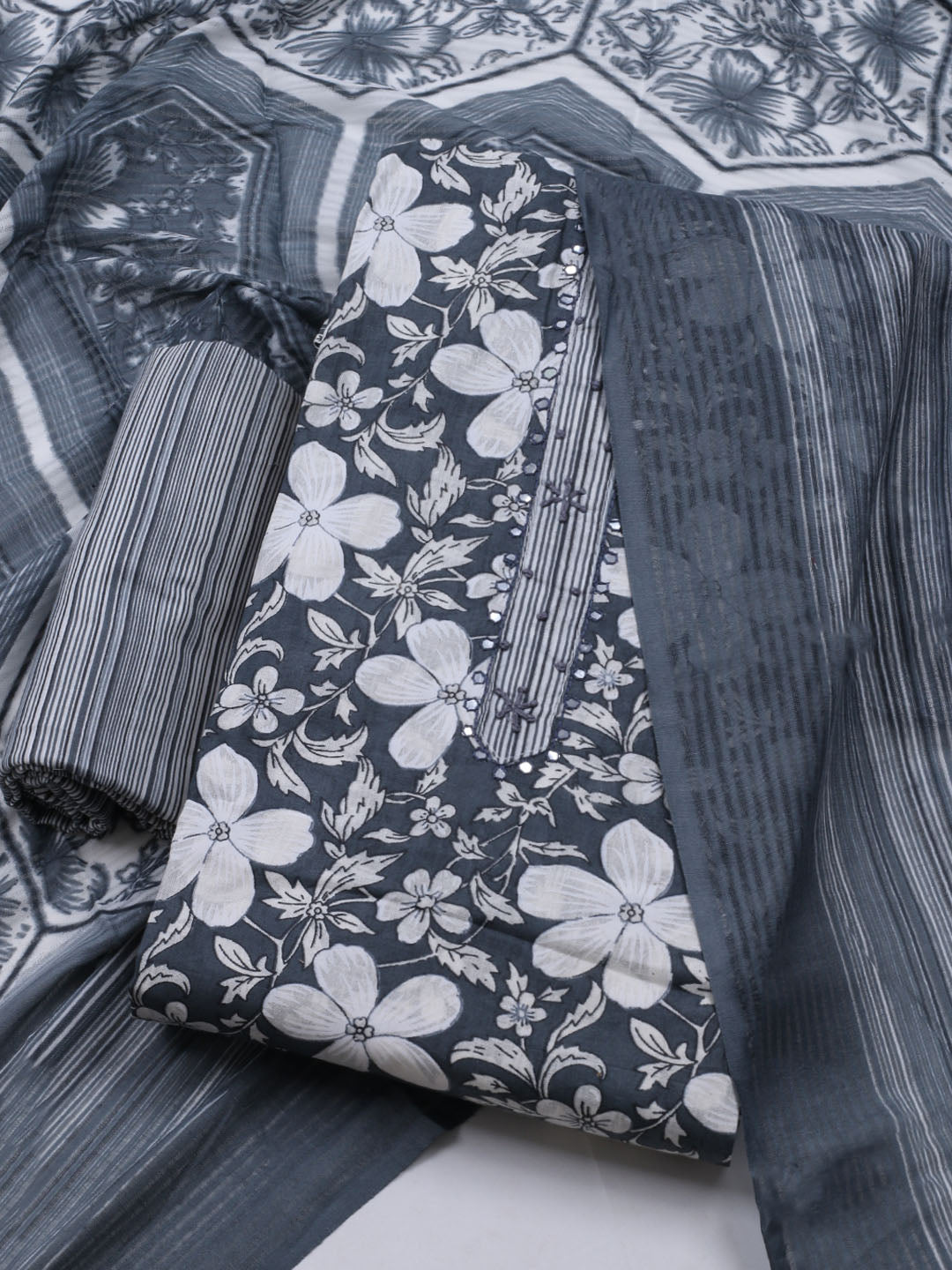 Floral Printed Cotton Blend Unstitched Suit With Dupatta