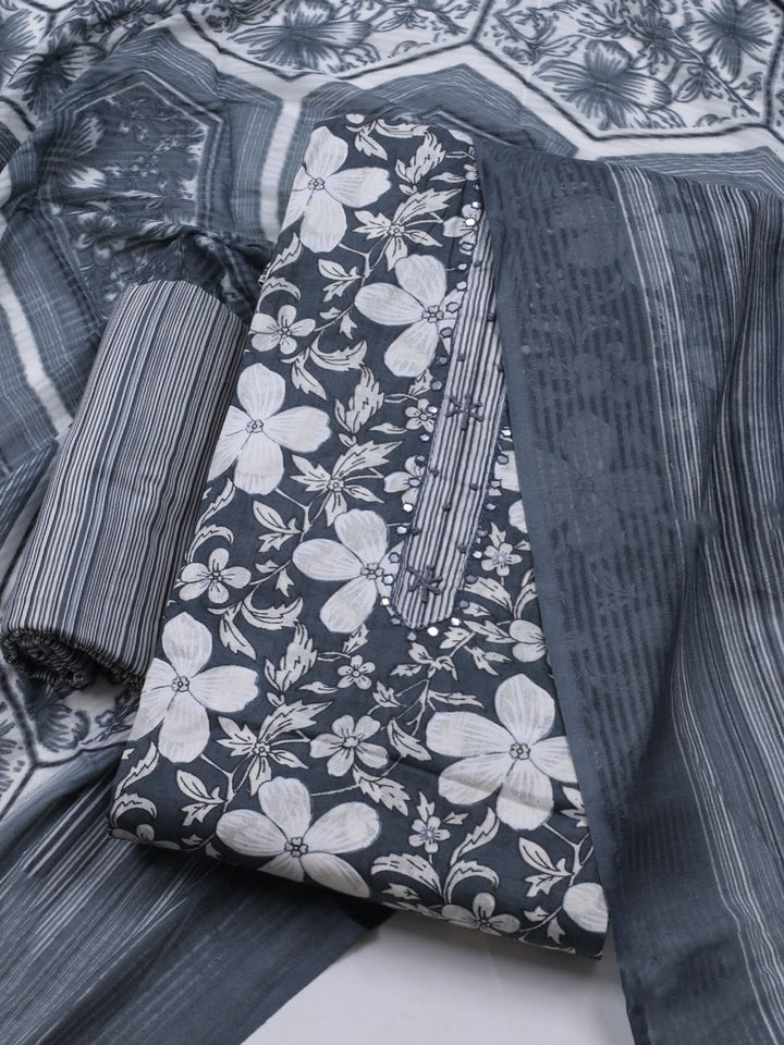 Floral Printed Cotton Blend Unstitched Suit With Dupatta