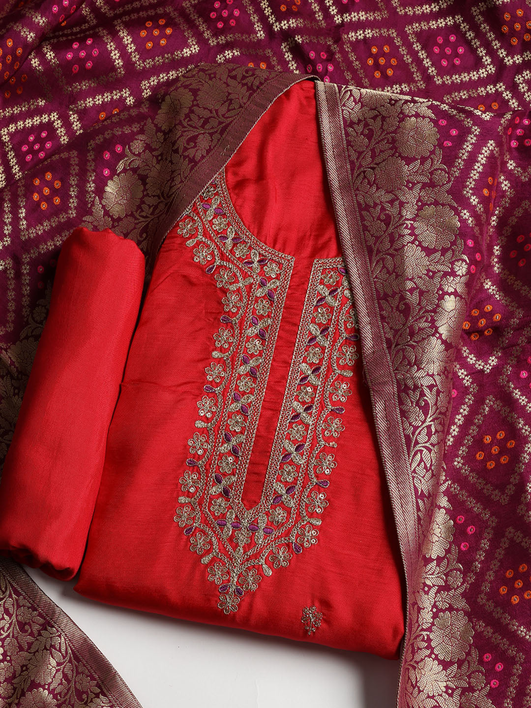 Embroidered Chanderi Unstitched Suit With Dupatta