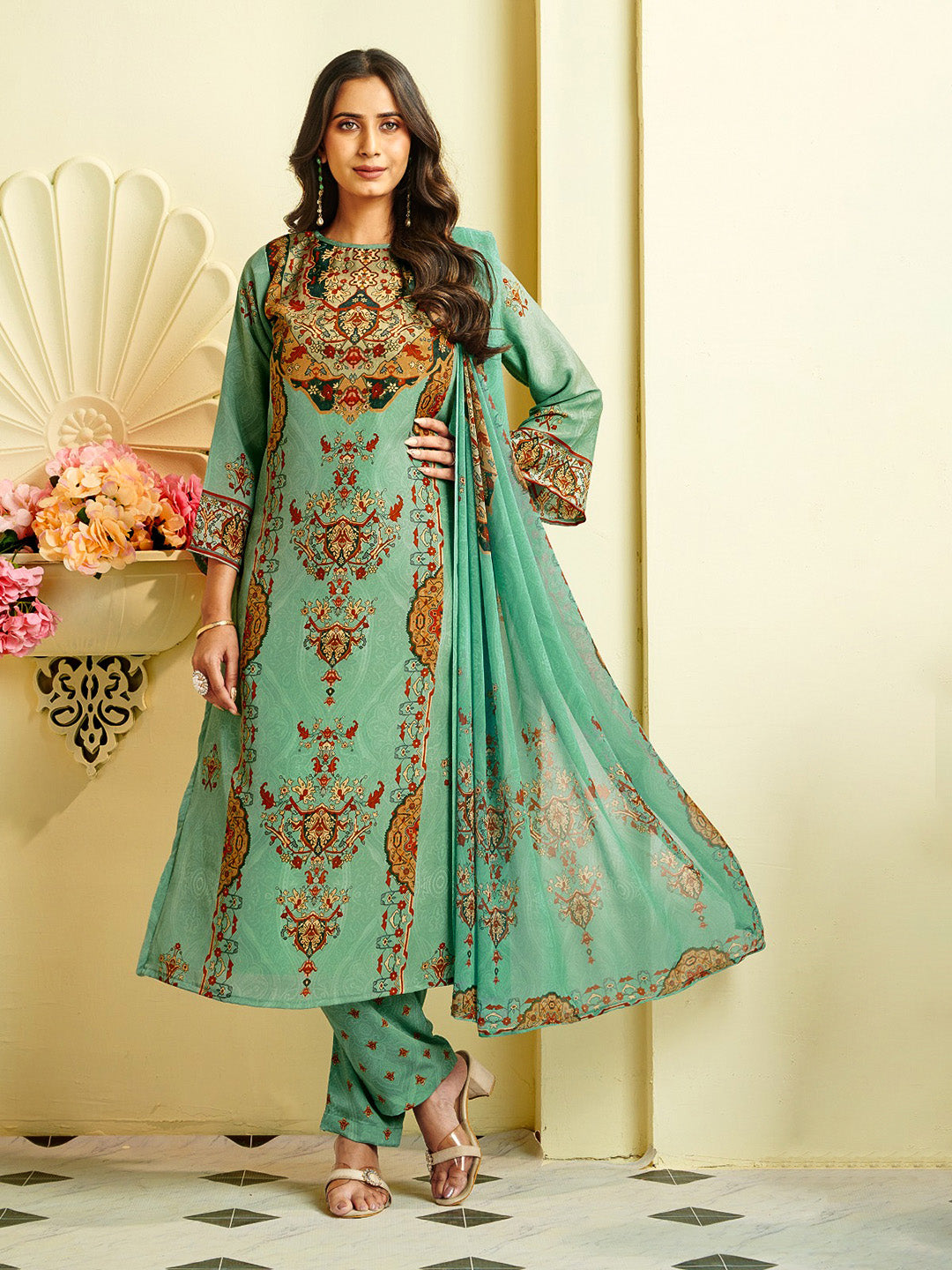 Printed Crepe Unstitched Suit With Pant &amp; Dupatta
