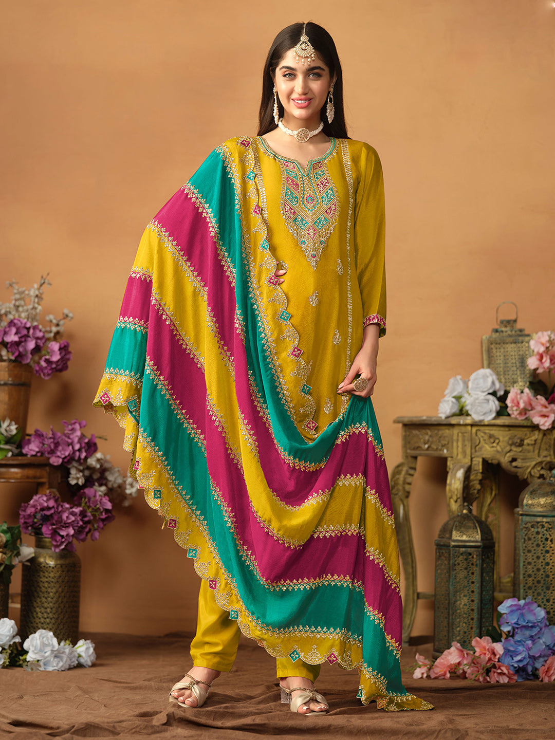 Embroidered Chinnon Silk Semi Stitched Kurta With Pant &amp; Dupatta