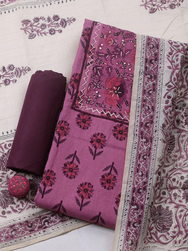Printed Cotton Blend Unstitched Suit With Pant &amp; Dupatta