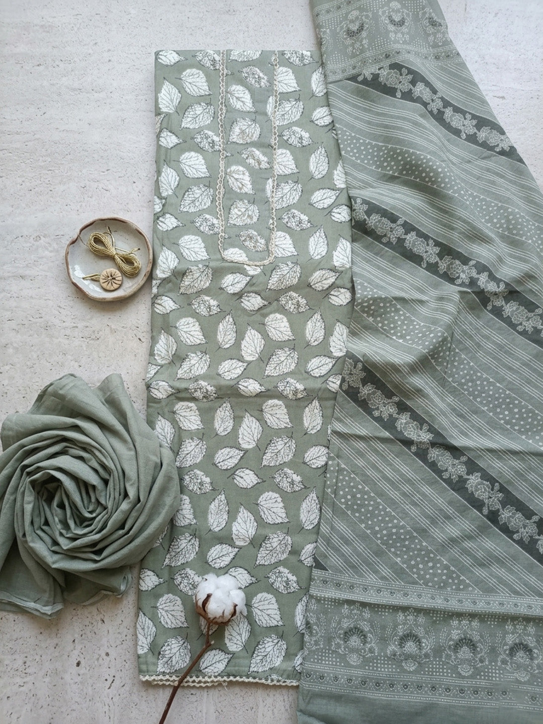Printed Cotton Blend Unstitched Suit With Pant &amp; Dupatta