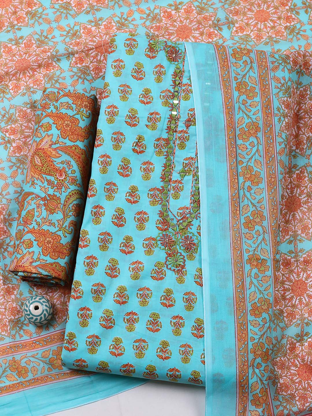 Embellished Cotton Blend Unstitched Suit With Pant &amp; Dupatta