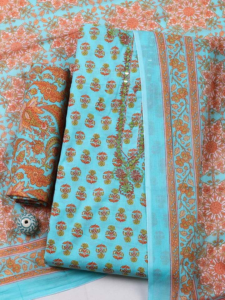 Embellished Cotton Blend Unstitched Suit With Pant &amp; Dupatta