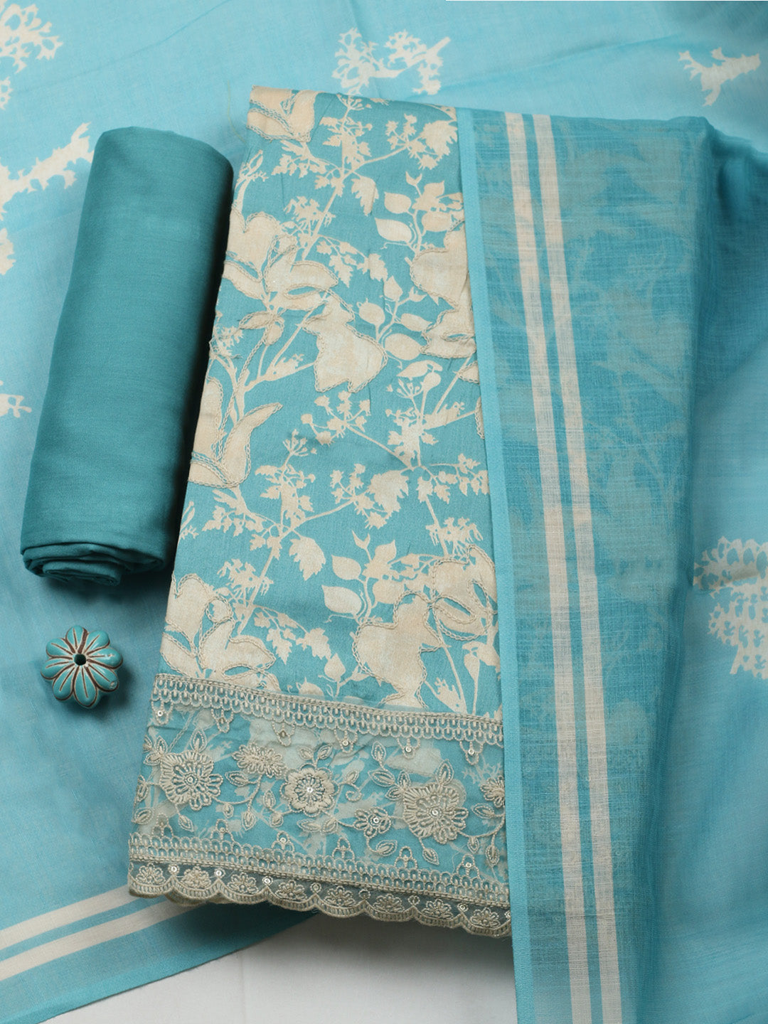 Embroidered Cotton Blend Unstitched Suit With Pant &amp; Dupatta