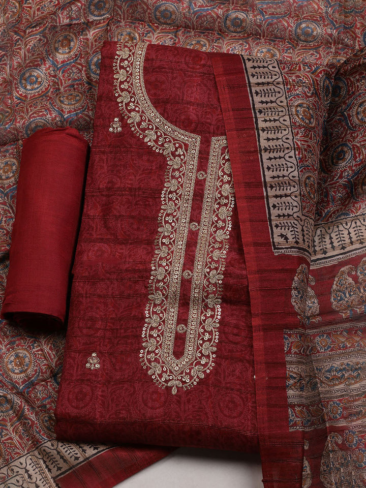 Embroidered Art Silk Unstitched Suit With Dupatta