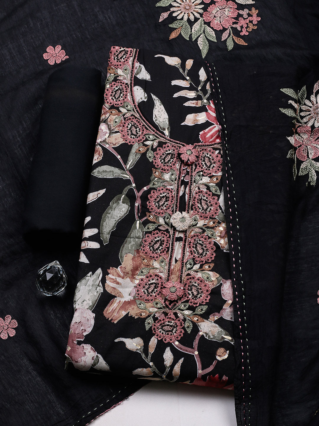 Embroidered Cotton Blend Unstitched Suit With Pant &amp; Dupatta