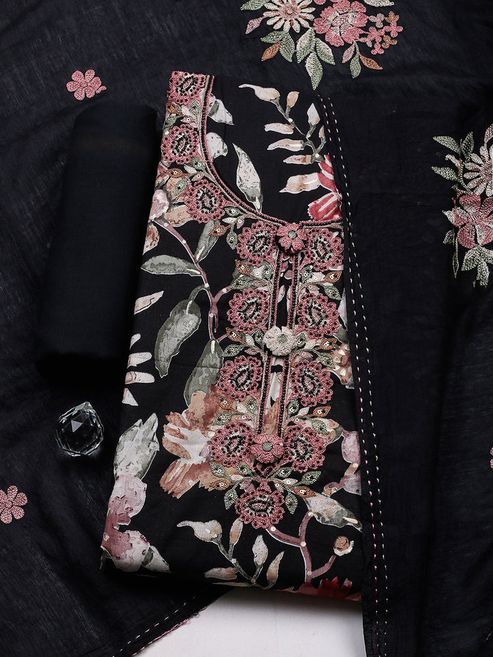 Embroidered Cotton Blend Unstitched Suit With Pant &amp; Dupatta