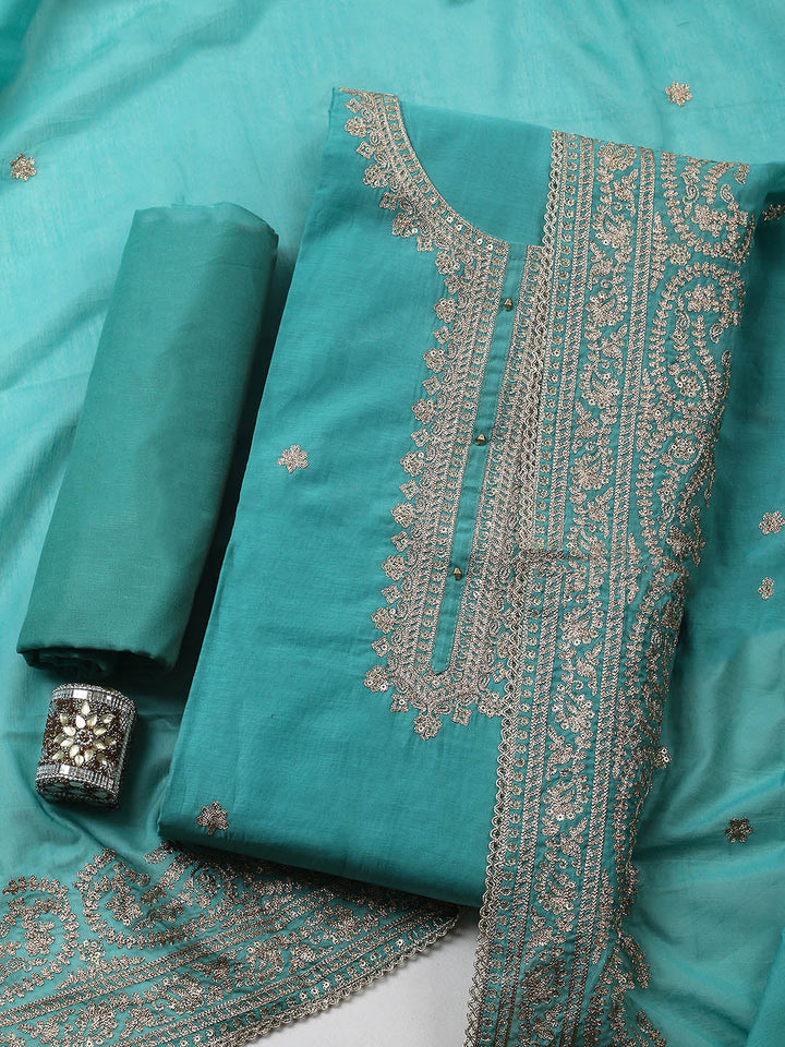 Embroidered Chanderi Unstitched Suit With Pant &amp; Dupatta