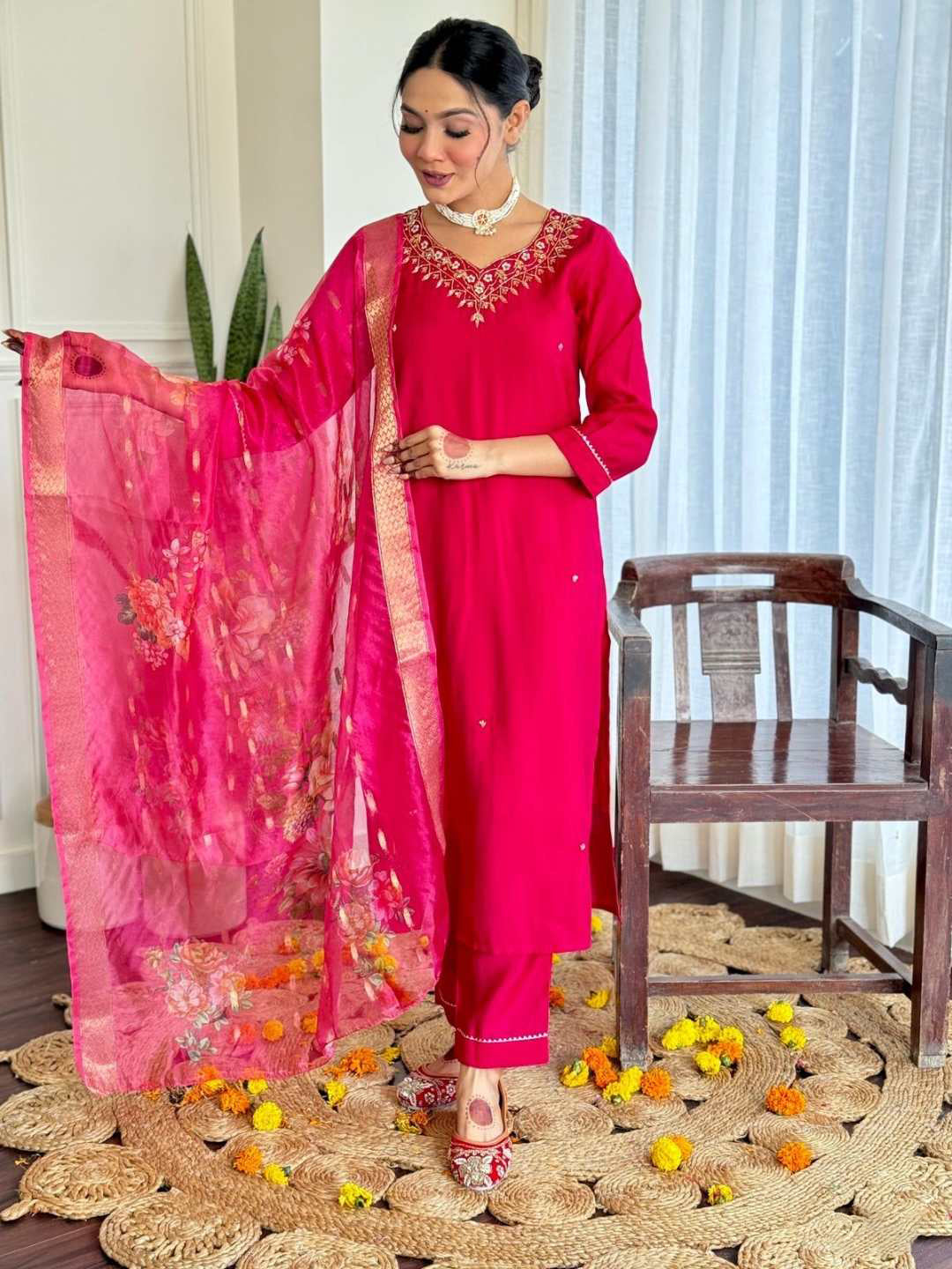 Neck Embroidery Cotton Blend Kurta With Pants &amp; Dupatta