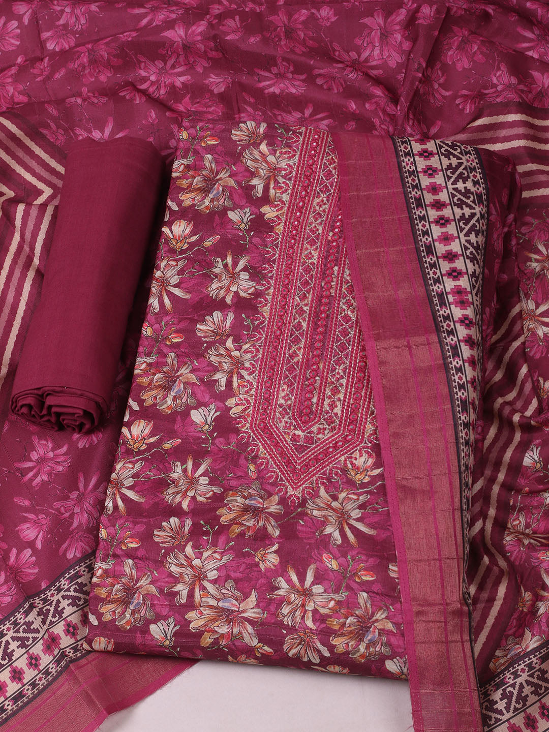 Embroidered Tussar Unstitched Suit With Pant Dupatta
