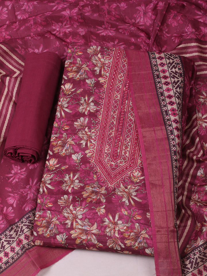 Embroidered Tussar Unstitched Suit With Pant Dupatta