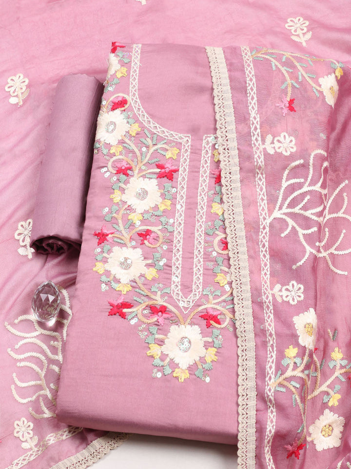 Embroidered Chanderi Unstitched Suit With Pant &amp; Dupatta