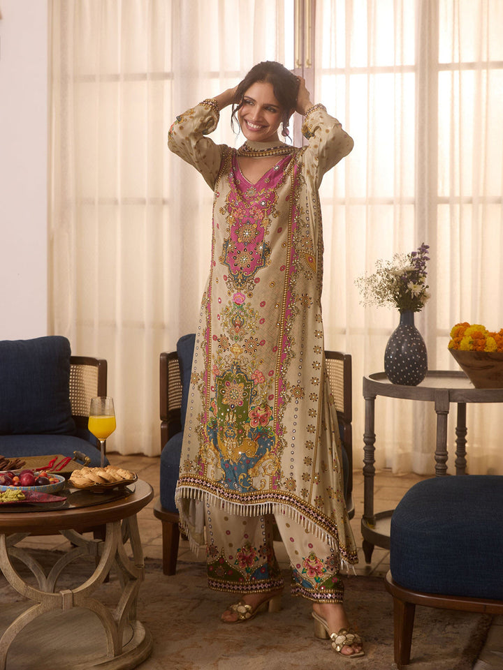 Embroidered Silk Crepe Kaftaan With Pant &amp; Dupatta