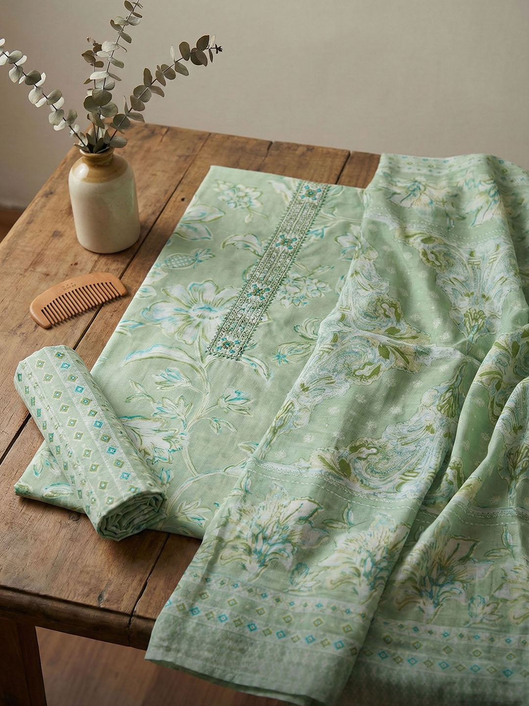 Embroidered Cotton Blend Unstitched Suit With Pant &amp; Dupatta