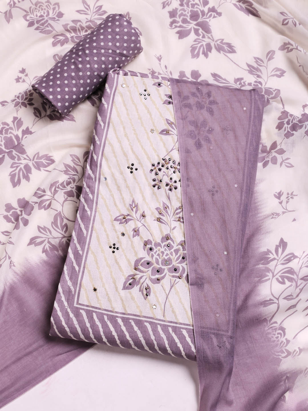 Printed Cotton Blend Unstitched Suit With Dupatta