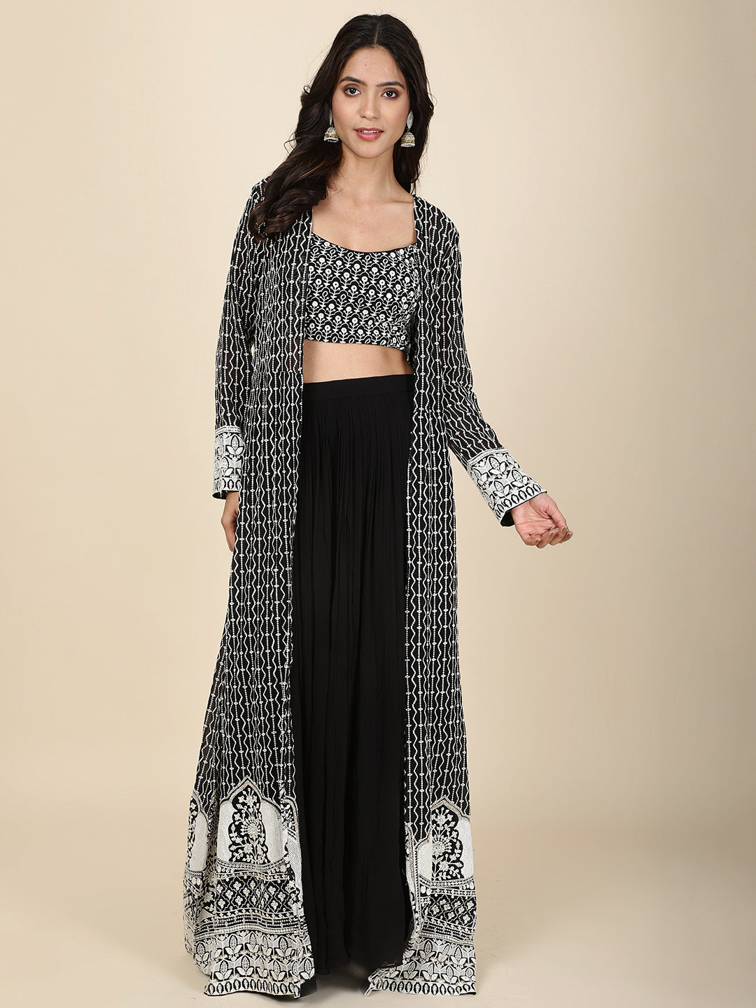 Sequin Embroidery Georgette Crop Top With Sharara & Jacket