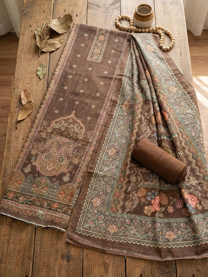 Embroidered Chanderi Unstitched Suit With Pant &amp; Dupatta