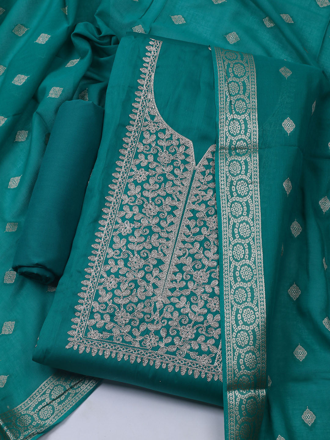 Neck Embroidered Chanderi Unstitched Suit With Dupatta