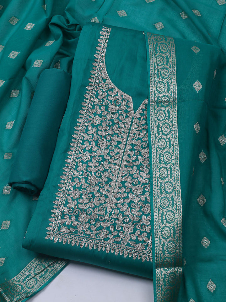 Neck Embroidered Chanderi Unstitched Suit With Dupatta