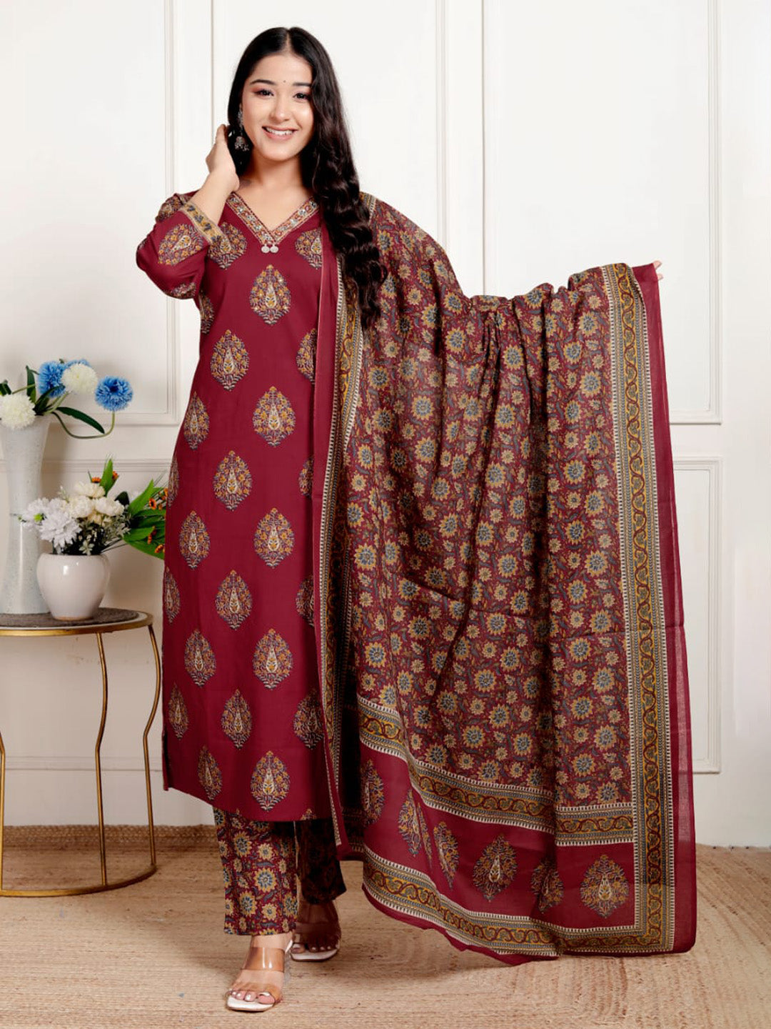 Printed Cotton Blend Kurta With Pants & Dupatta