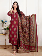 Printed Cotton Blend Kurta With Pants & Dupatta