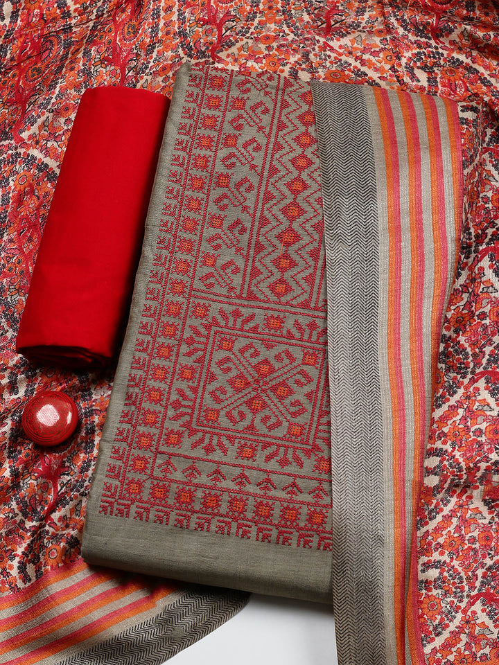 Embroidered Cotton Blend Unstitched Suit With Pant &amp; Dupatta