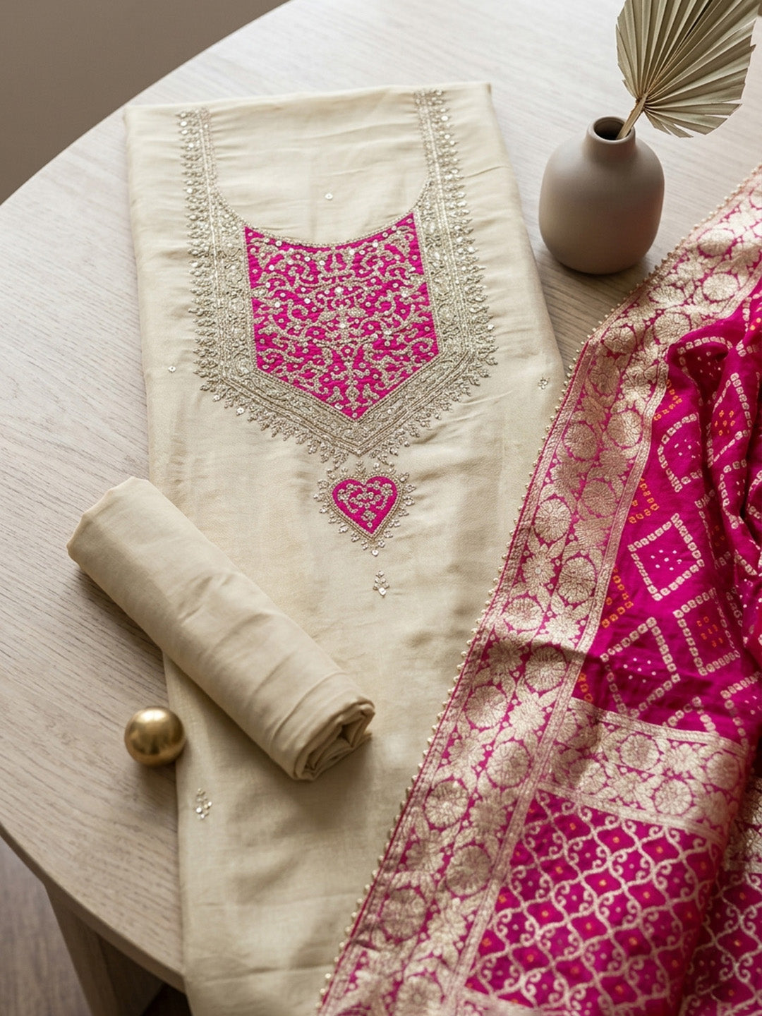 Embroidered Chanderi Unstitched Suit With Pant &amp; Dupatta