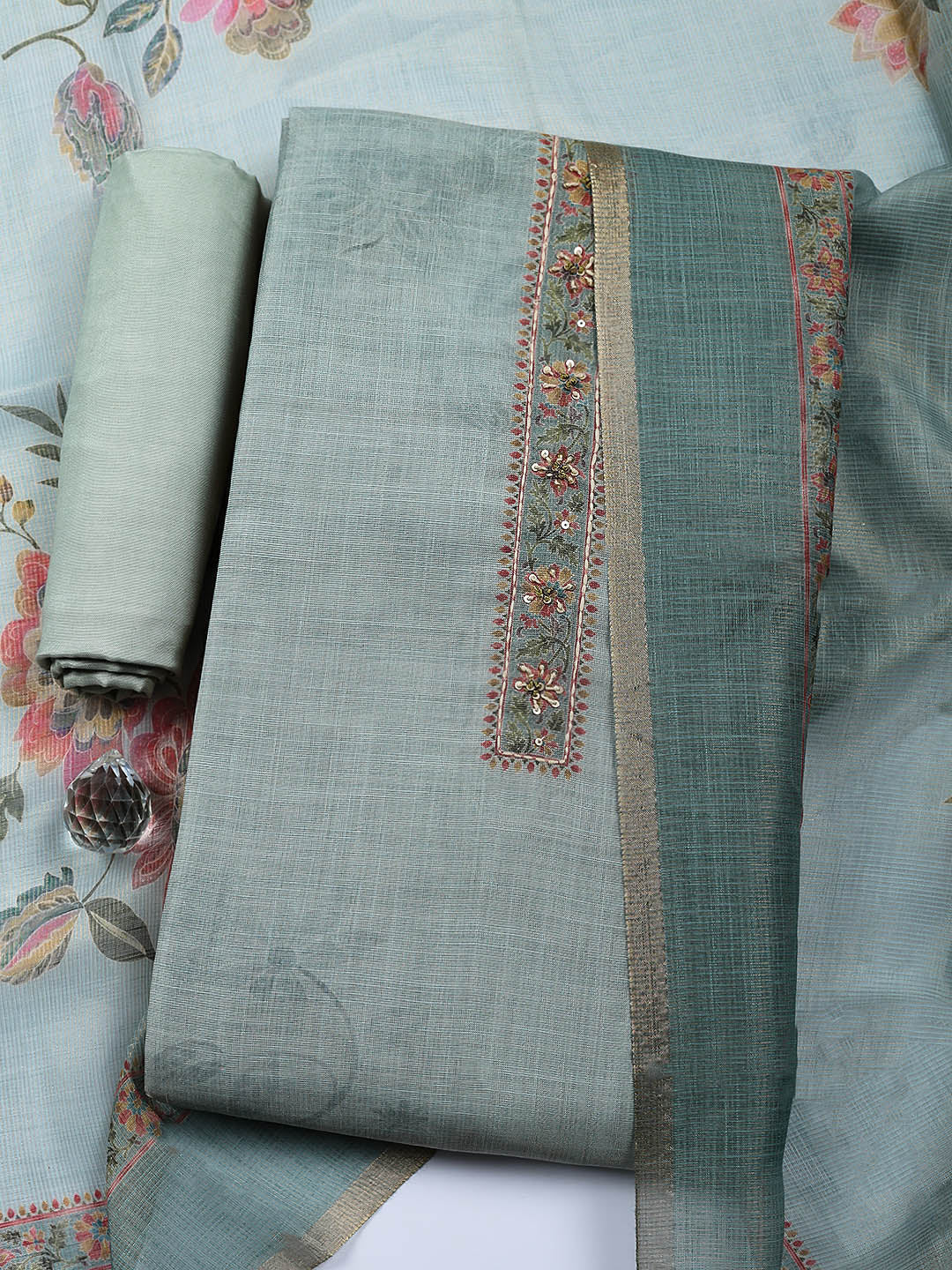 Embroidered Linen Blend Unstitched Suit With Pant Dupatta
