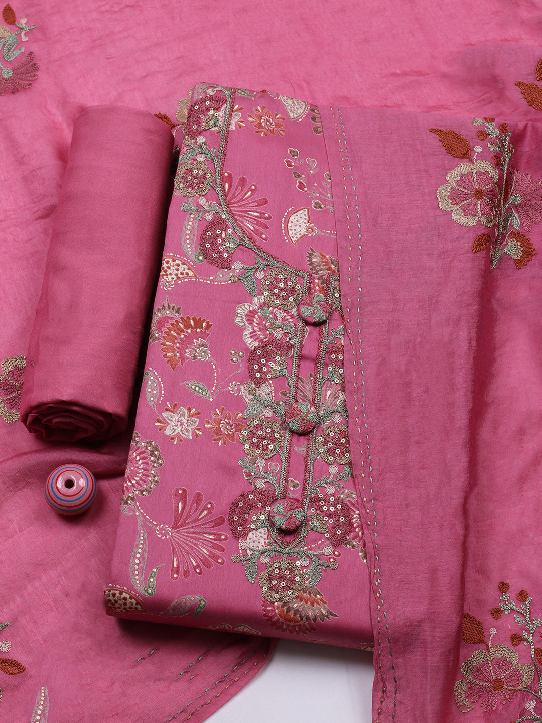 Embroidered Cotton Blend Unstitched Suit With Pant &amp; Dupatta