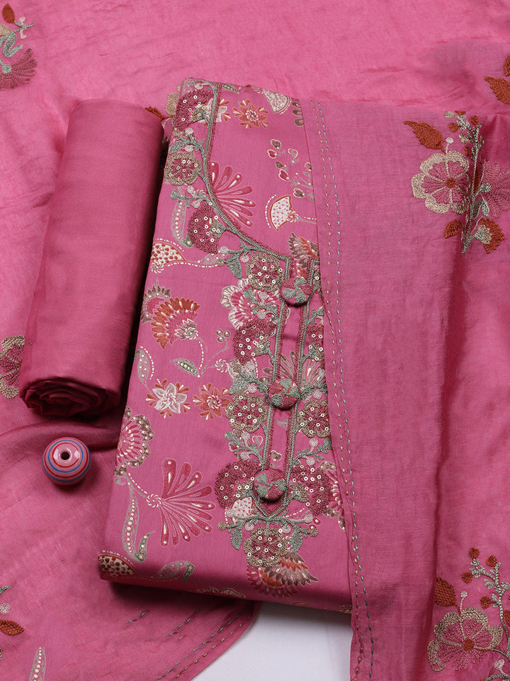 Embroidered Cotton Blend Unstitched Suit With Pant &amp; Dupatta