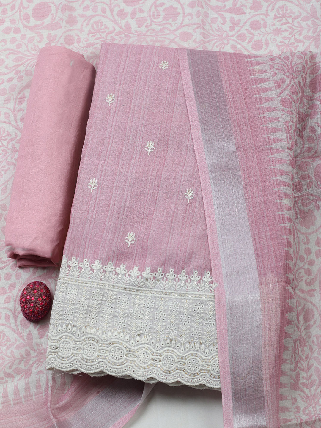 Embroidered Linen Blend Unstitched Suit With Pant &amp; Dupatta