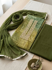 Embroidered Cotton Blend Unstitched Suit With Pant & Dupatta