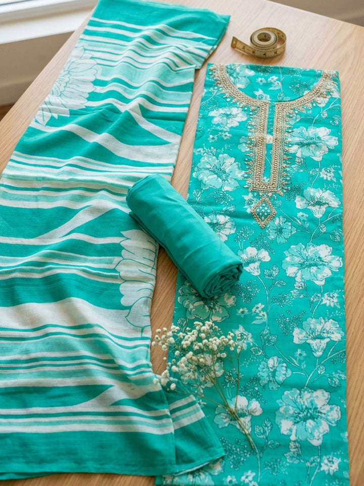 Embroidered Cotton Blend Unstitched Suit With Pant &amp; Dupatta