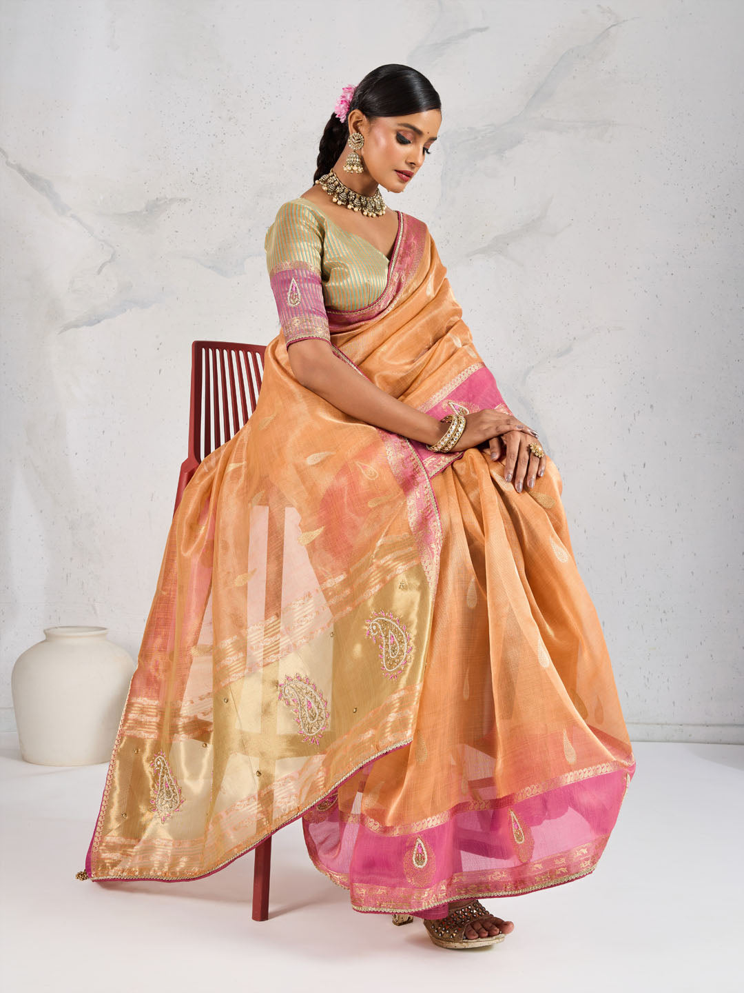 Embroidered Tissue Linen Saree
