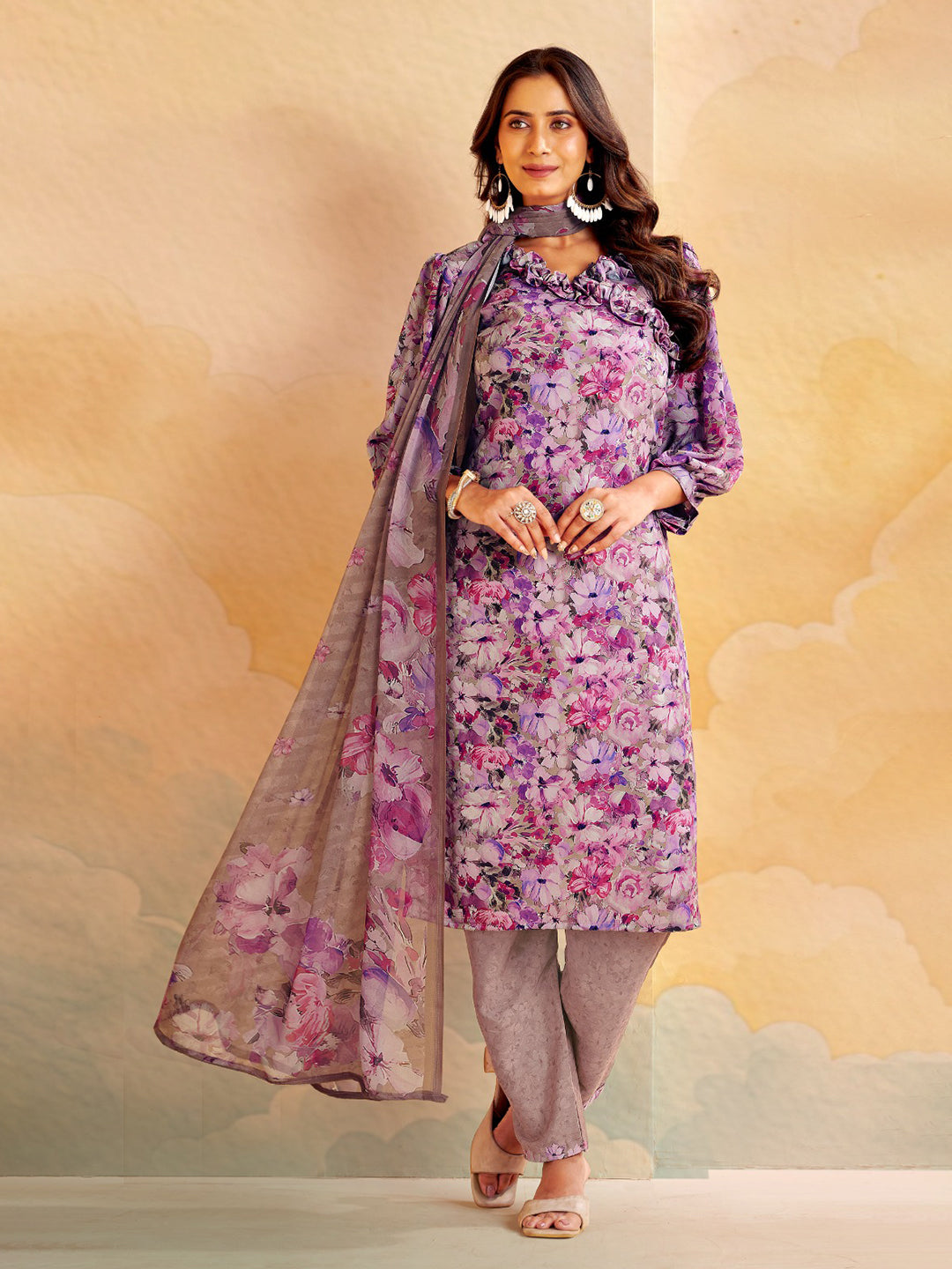Printed Crepe Unstitched Suit With Pant &amp; Dupatta