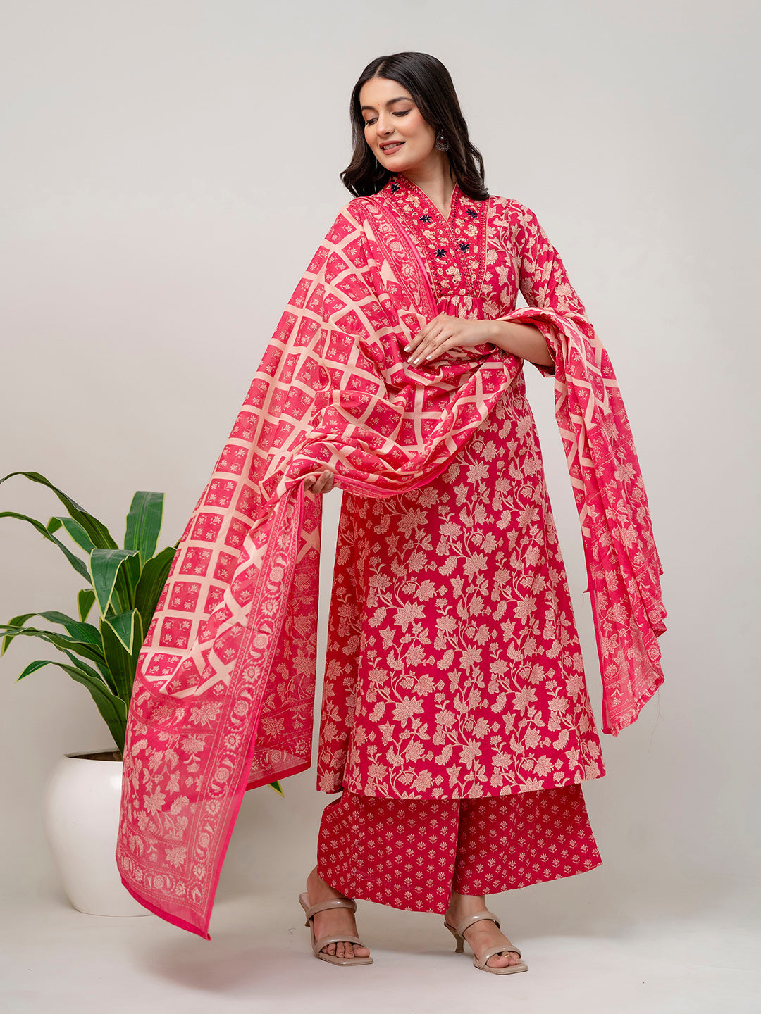 Floral Parinted Cotton Kurta With Pants &amp; Dupatta