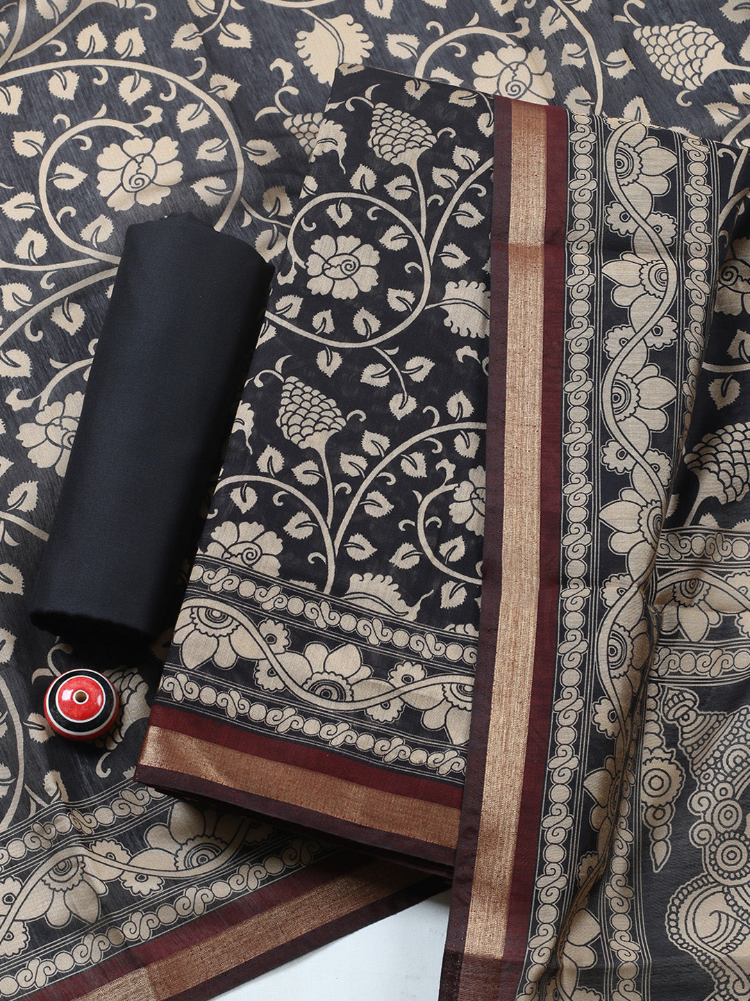 Printed Cotton Blend Unstitched Suit With Pant &amp; Dupatta