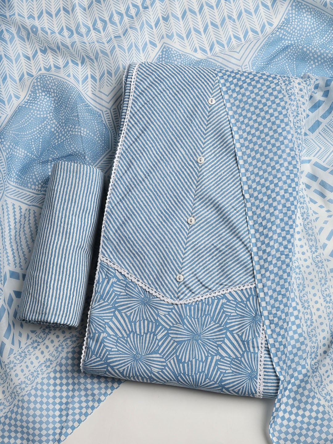 Printed Cotton Blend Unstitched Suit With Dupatta