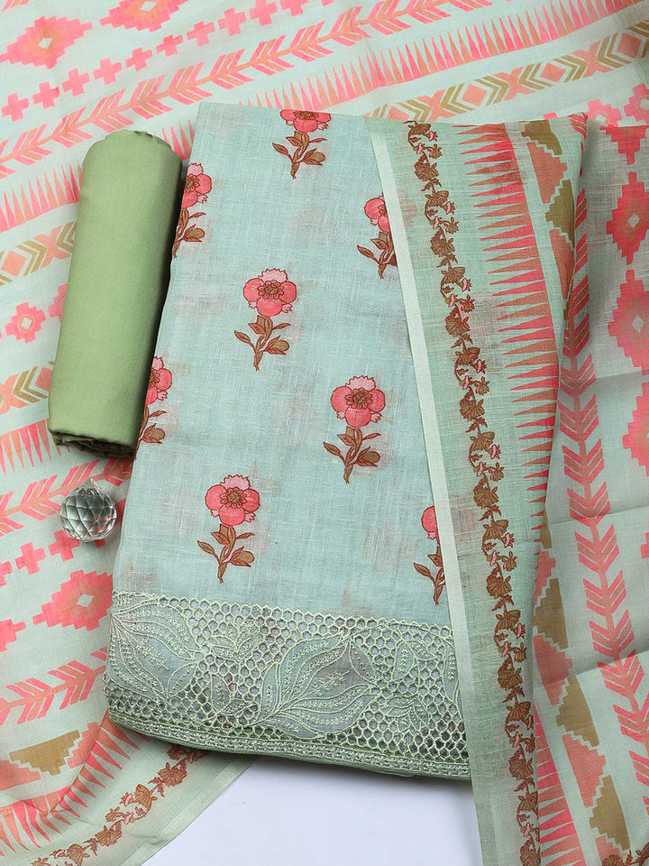 Embroidered Linen Blend Unstitched Suit With Pant &amp; Dupatta