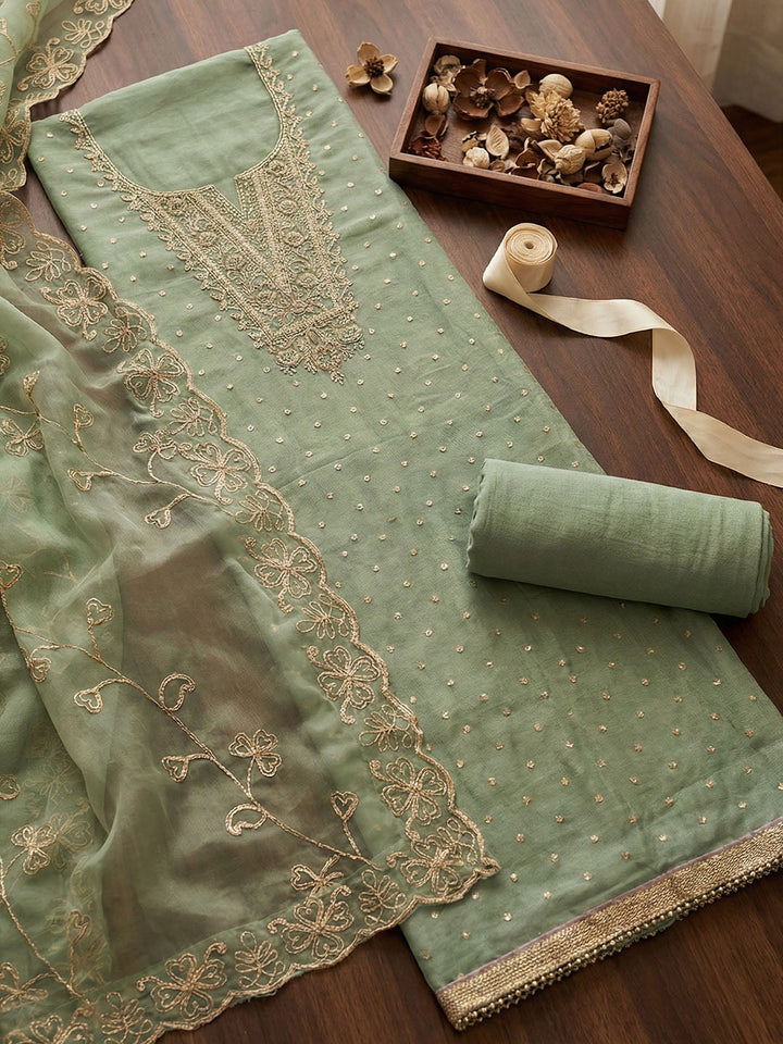 Embroidered Chanderi Unstitched Suit With Pant &amp; Dupatta