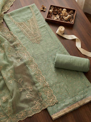 Embroidered Chanderi Unstitched Suit With Pant & Dupatta