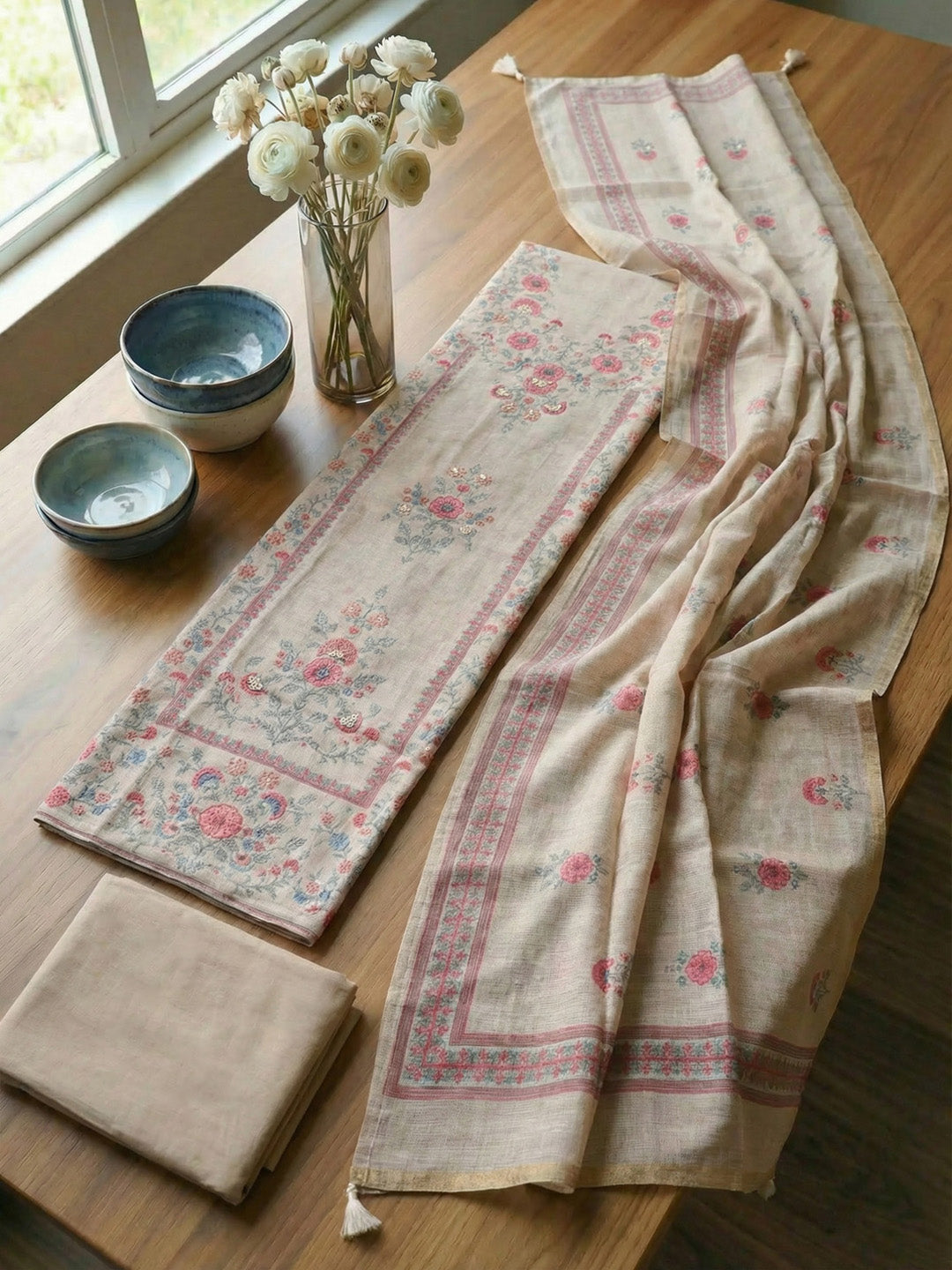Printed Linen Blend Unstitched Suit With Pant &amp; Dupatta